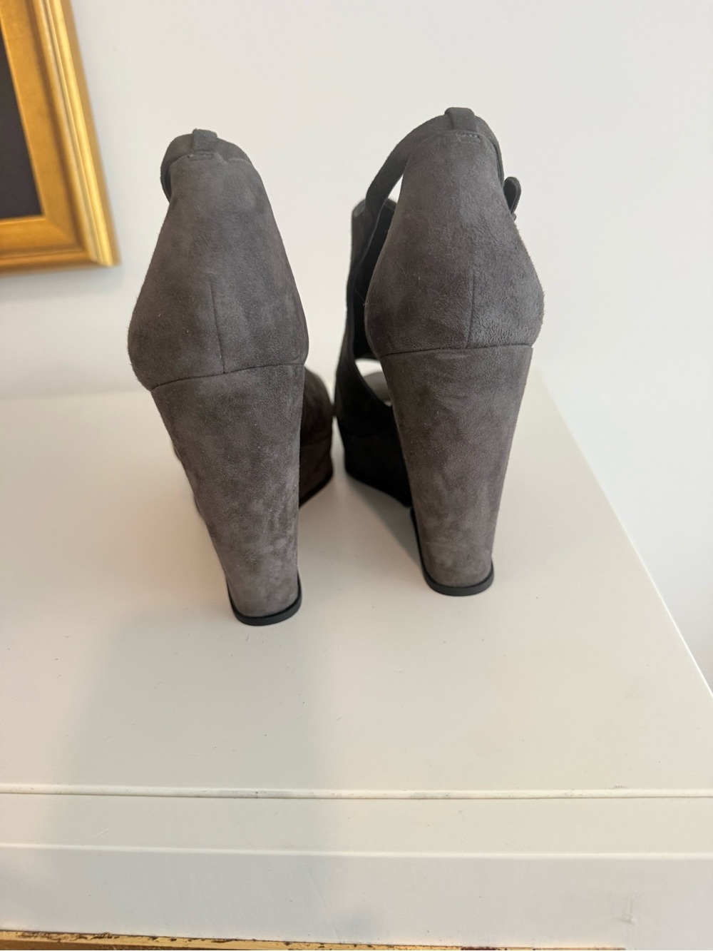 Via Spiga Charcoal Suede Wedge Peep-Toe Slingback Sandals 9.5 - Picture 6 of 8